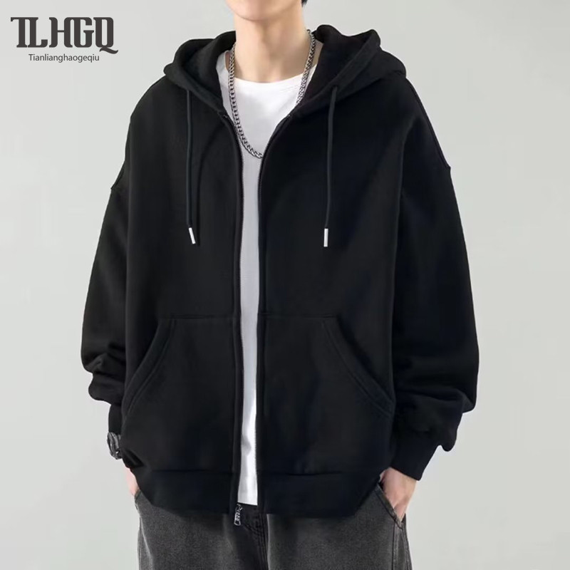TLHGQ เสื้อสเวตเตอร์คาร์ดิแกนซิปมีฮู้ดสีทึบ Unisex หลวมสบายๆทุกการแข่งขัน