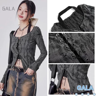 สไตล์เข้มปลอมสองชิ้นแขวนคอผูกเชือกเสื้อยืดแขนยาวหวานฮอตอินเทรนด์ด้านบน GA