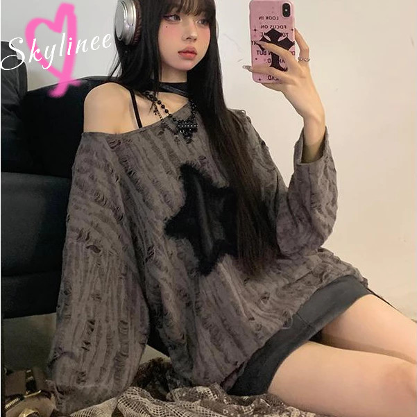 เสื้อยืดแขนยาว คอกลม ป้องกันแดด ทรงหลวม ลายดาว สามมิติ แฟชั่นฤดูใบไม้ร่วง สไตล์เกาหลี สําหรับผู้หญิง SL