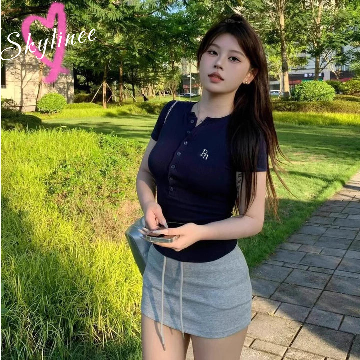 🌊พร้อมส่ง🌊เสื้อยืดแขนสั้นย้อนยุคผู้หญิงเข้ารูปเสื้อยืดปักลำลองเสื้ออเนกประสงค์ SL