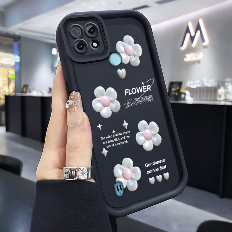 เคสสำหรับ Realme C21 เคสนิ่มซิลิโคนเคสโทรศัพท์ภาพดอกไม้เงินกันกระแทก