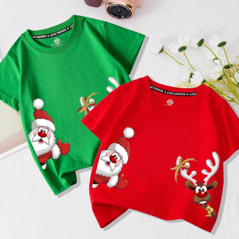 เสื้อคริสต์มาสเด็ก เสื้อครอบครัว XMAS สีแดงมงคล สไตล์คู่ christmas t shirt cotton unisex สกรีนด้วยลายแฟชั่น