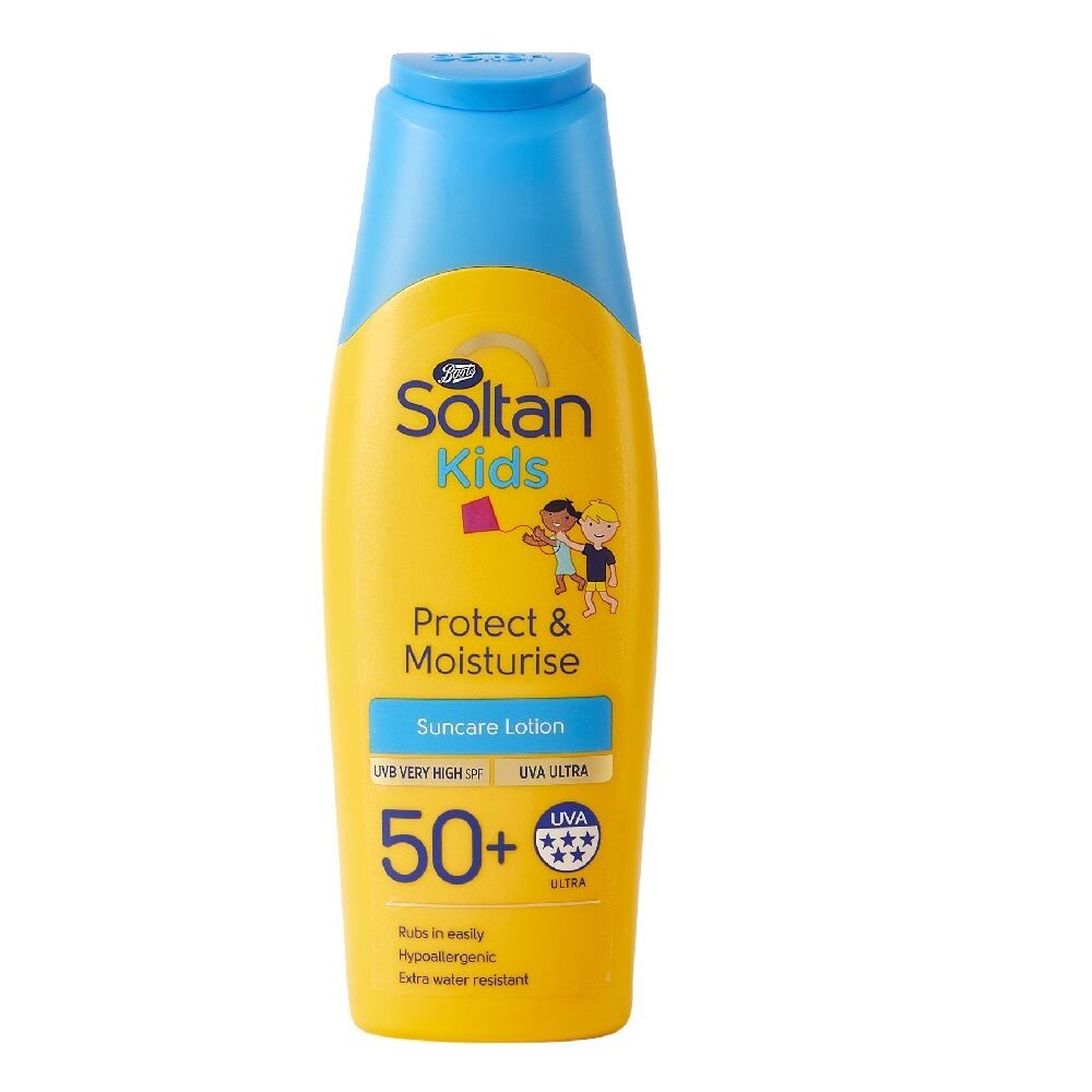 Boots บู๊ทส์ โซลแทน คิดส์ โพรเท็ค แอนด์ มอยส์เจอร์ไรซ์ ยูวีบี เวรี่ ไฮ เอสพีเอฟ 50+ ซันแคร์ โลชั่น 200 มล.