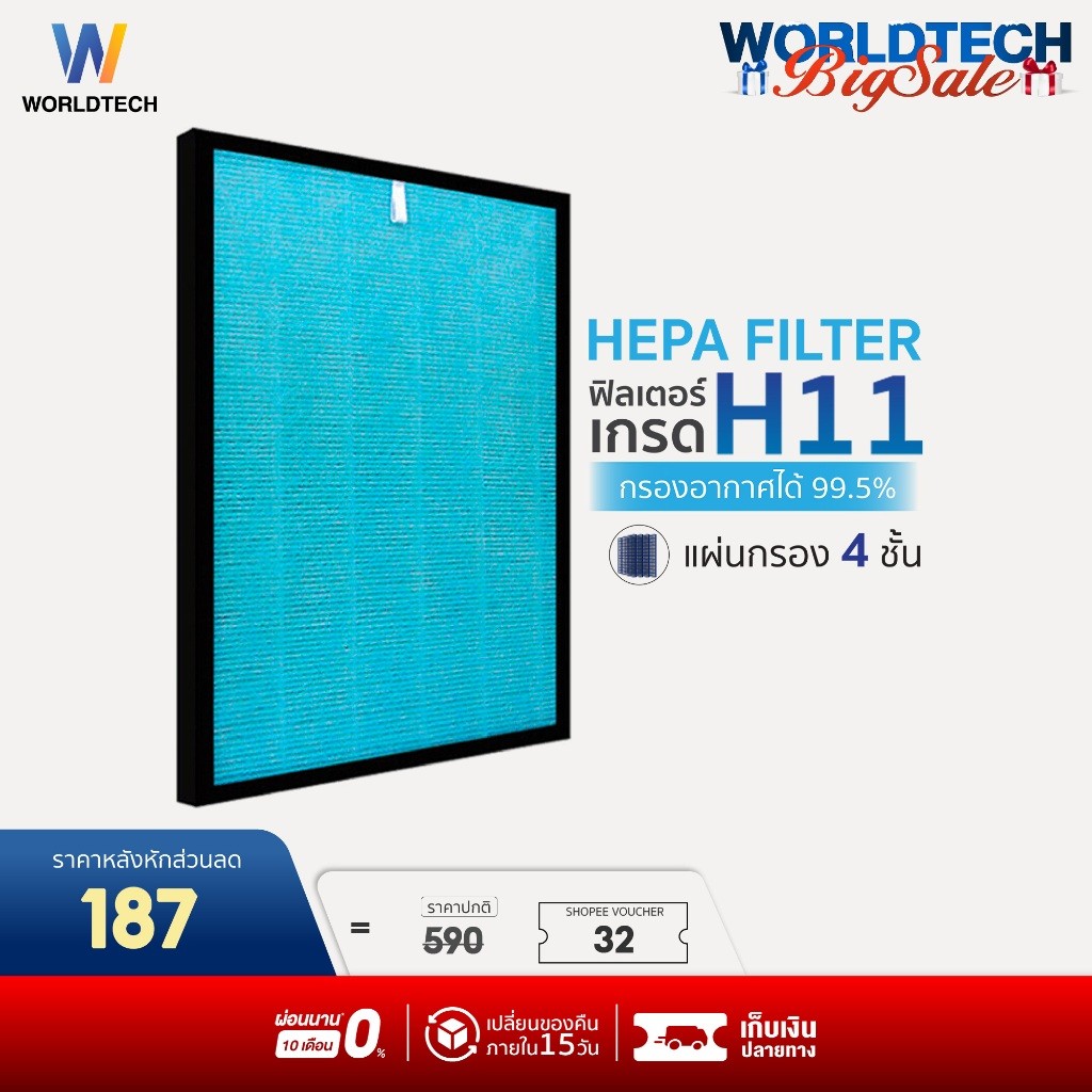 [เก็บโค้ดลด20%] Worldtech ไส้กรอง เครื่องฟอกอากาศ รุ่น WT-P40-Filter ตัวกรอง HEPA11 กรองฝุ่น ควัน PM 2.5