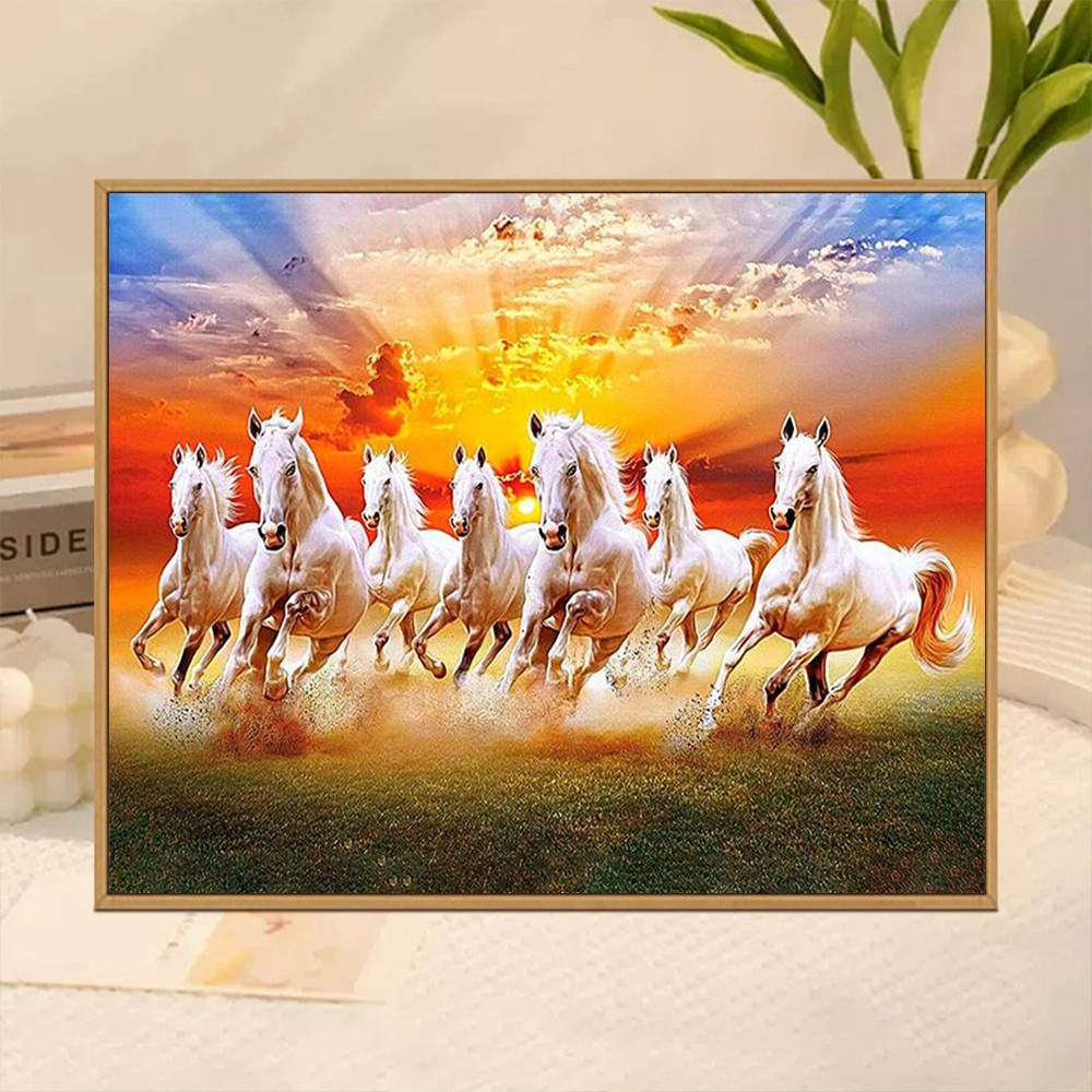Acandyl, สีน้ํามันตามตัวเลข, 30x40 ซม. พร้อมกรอบ, ชุดจิตรกรรมดิจิตอล, ม้านําโชค 7 ม้าเซเว่น, สีตามตัวเลข, ภาพวาด DIY สร้างสรรค์ ของขวัญ, ตกแต่งบ้าน