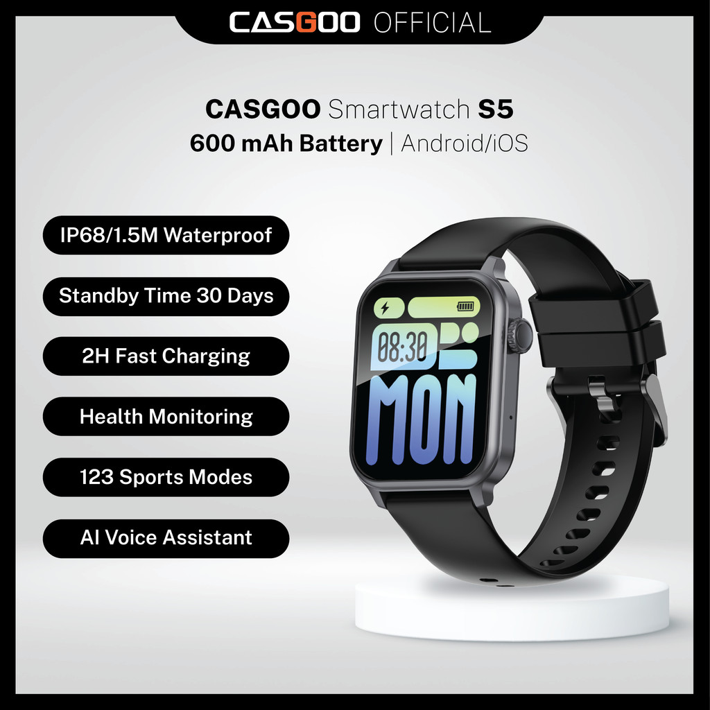 CASGOO สมาร์ทวอทช์ S5 ผู้ช่วยเสียง AI 100+ โหมดกีฬา IPS 1.83" การโทรผ่านบลูทูธ กันน้ำ IP68 600mAh