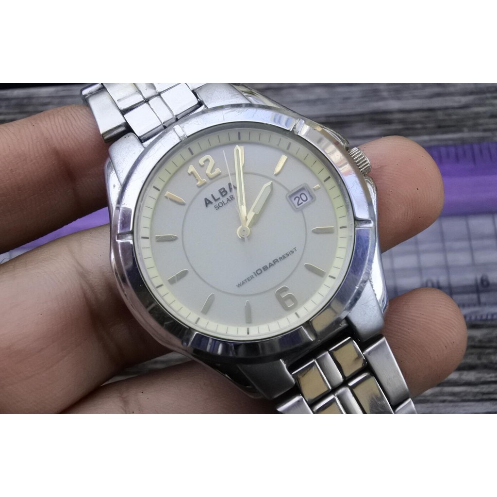 นาฬิกา Vintage มือสองญี่ปุ่น Alba V145 0BE0 ระบบ QUARTZ ผู้หญิง ทรงกลม กรอบเงิน Solar Power หน้าปัด 