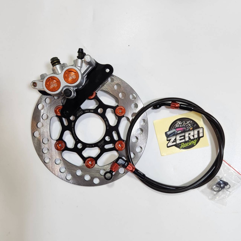 ปั๊มล่าง ZERN81 2พอท สีส้ม + จานจูปีเตอร์ ดำหมุดส้ม + สายเบรคZERN81 หัว90 สีส้ม เวฟ110i / เวฟ125ปลาว