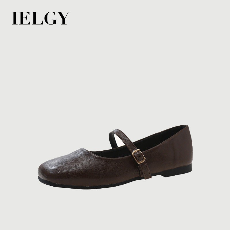 IELGY อารมณ์สแควร์ นิ้วเท้า แบนรองเท้าเดียวผู้หญิงฝรั่งเศสวินเทจแมรี่เจนรองเท้าหนัง