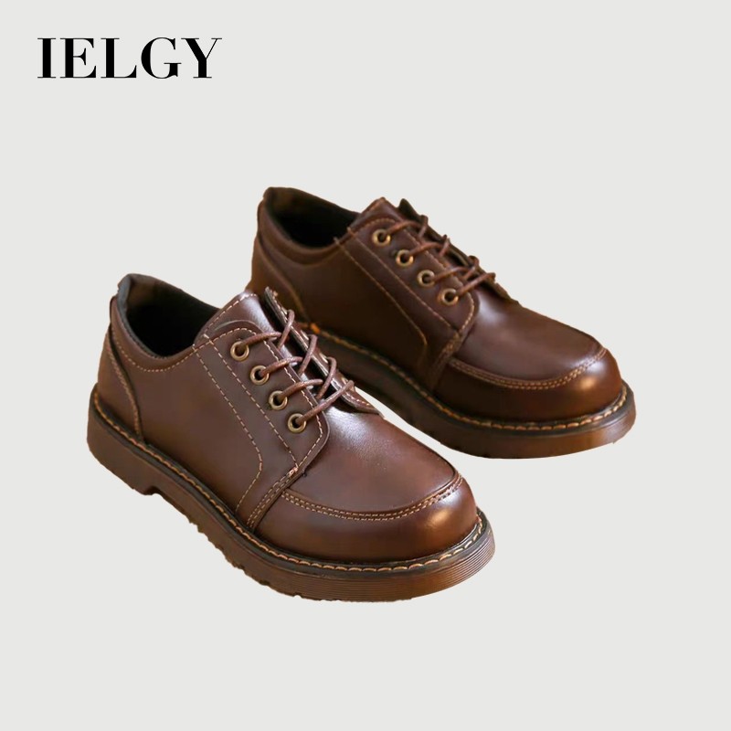IELGY สีน้ําตาล Lace-up Oxford Lace-up บางรองเท้าหนังผู้หญิง 2025 Preppy Vintage พร้อมกระโปรง