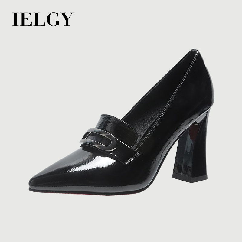 IELGY 2025 ใหม่รองเท้าผู้หญิงแฟชั่นชี้ นิ้วเท้า บล็อกส้นสไตล์อังกฤษรองเท้าหนังรองเท้าทํางาน