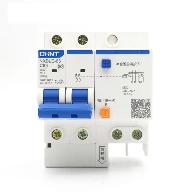 ใหม่ CHINT RCBO NXBLE-63 2P 30mA 6KA 32A 40A 50A 63A เบรกเกอร์กระแสไฟตกค้าง RCBO