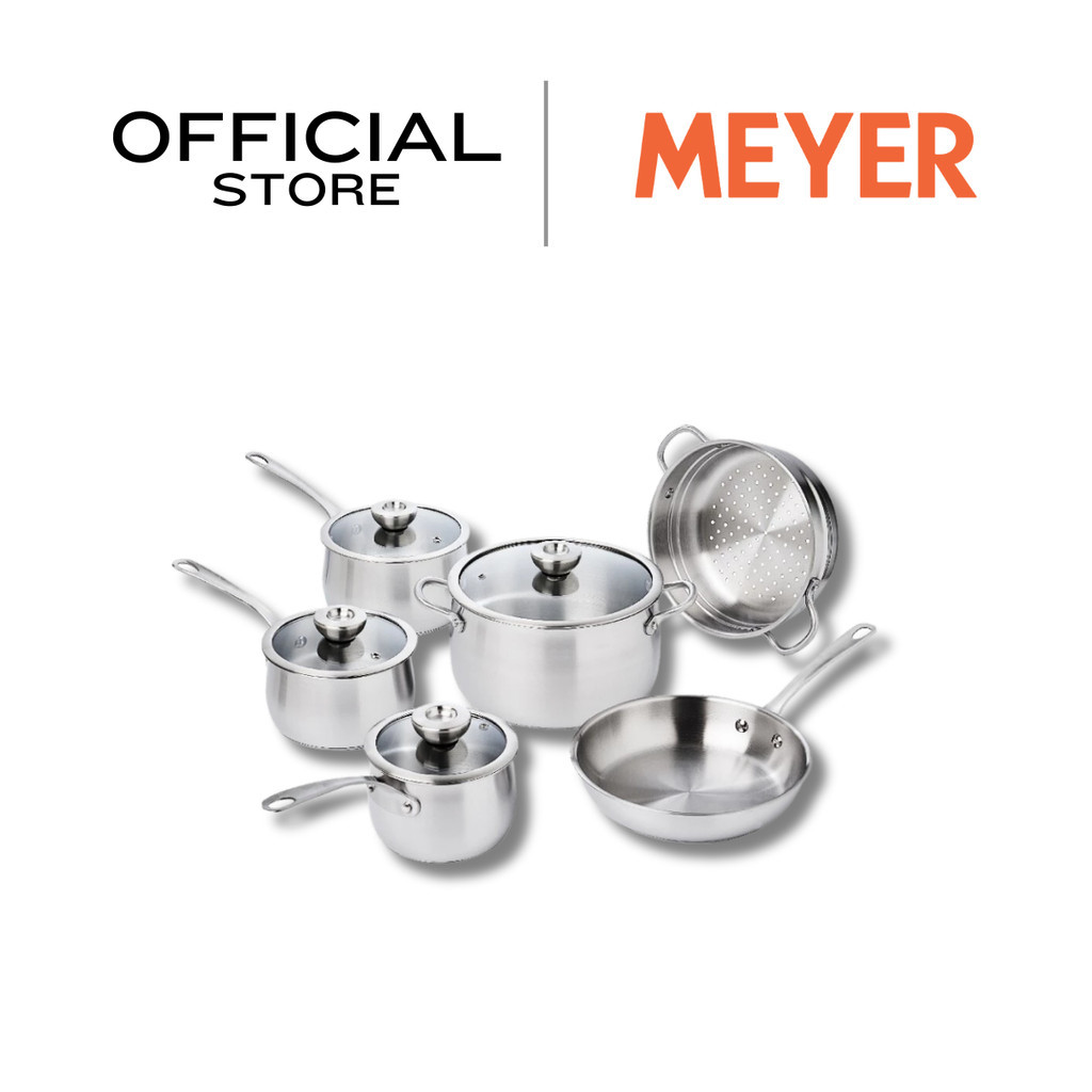 MEYER WHITE STEEL ชุดเครื่องครัวสเตนเลส 10 ชิ้น หม้อด้าม 14-16-18 cm.หม้อสองหู-กระทะตื้น-ซึ้ง 24ซม.(