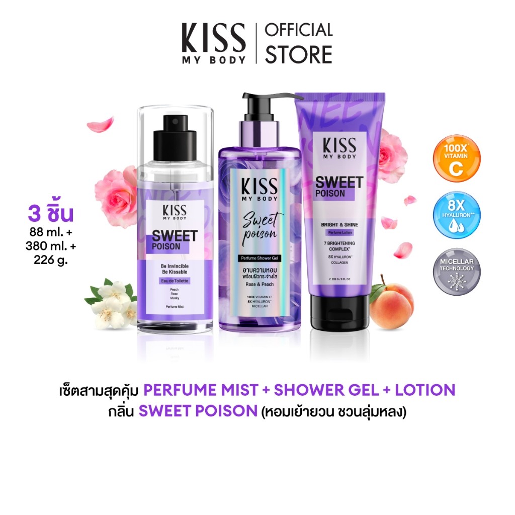 [เซ็ตสุดคุ้ม] Kiss My Body Bright & Shine โลชั่นน้ำหอม+ สเปรย์น้ำหอม+ ครีมอาบน้ำ กลิ่น Sweet Poison