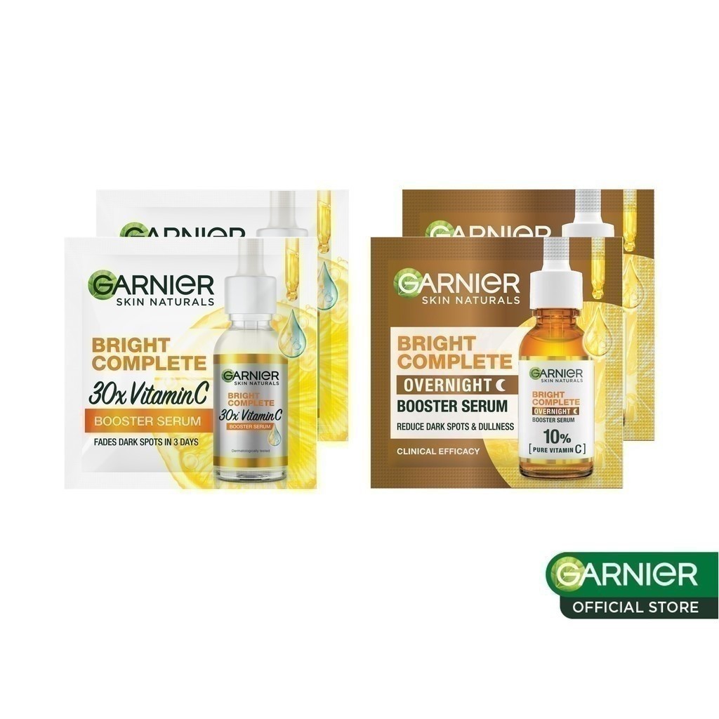 [สินค้าสมนาคุณงดจำหน่าย] Garnier ไบรท์ คอมพลีท บูสเตอร์ เซรั่ม 1.5 มล.x2 +โอเวอร์ไนท์ บูสเตอร์เซรั่ม 1.5มล.x2 (gimmick)