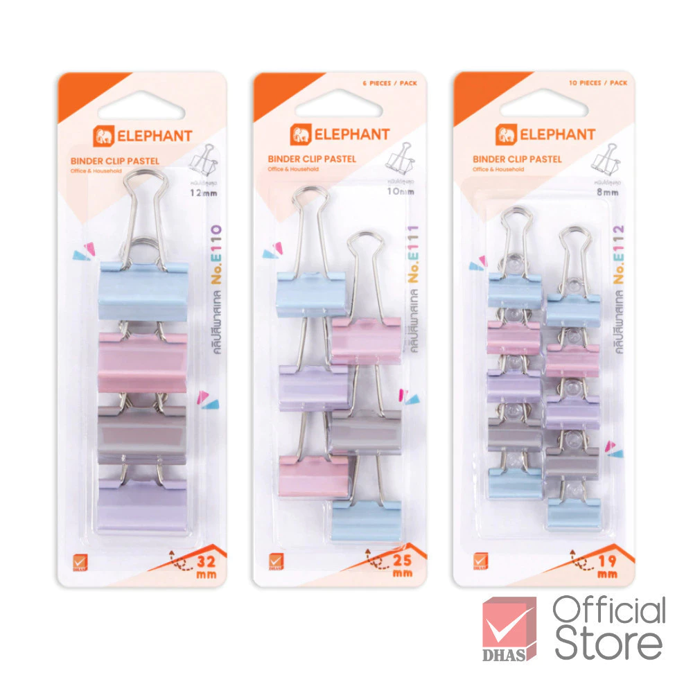 Elephant คลิปหนีบ คลิปหนีบกระดาษ สีพาสเทล No. E110 / E111 / E112 จำนวน 1 แผง