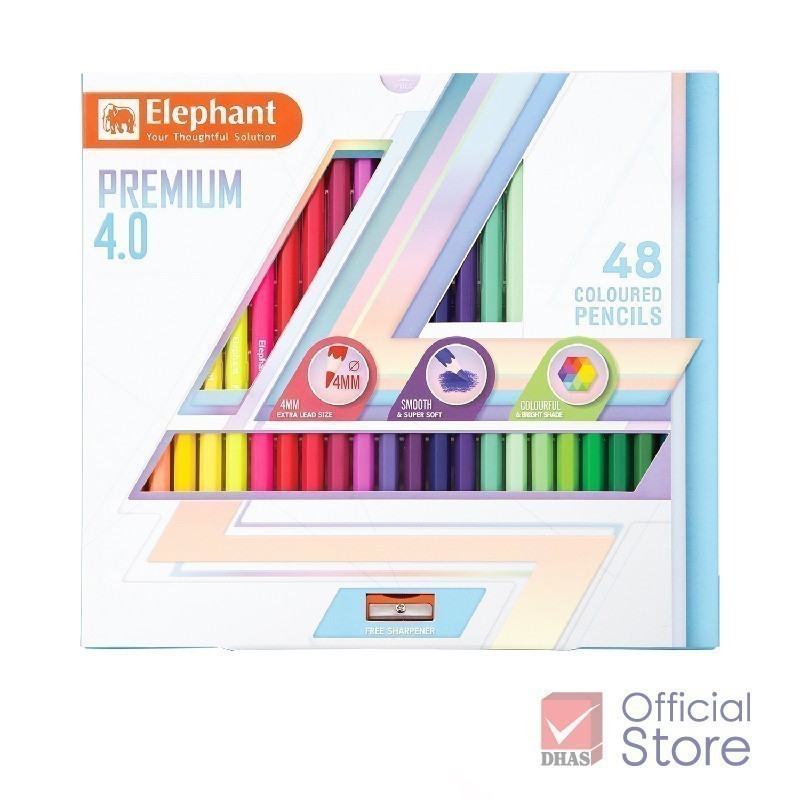 Elephant สีไม้ ดินสอสีไม้ 48 สี รุ่น Premium 4.0 แท่งยาว ไส้ใหญ่พิเศษ – จำนวน 1 กล่อง