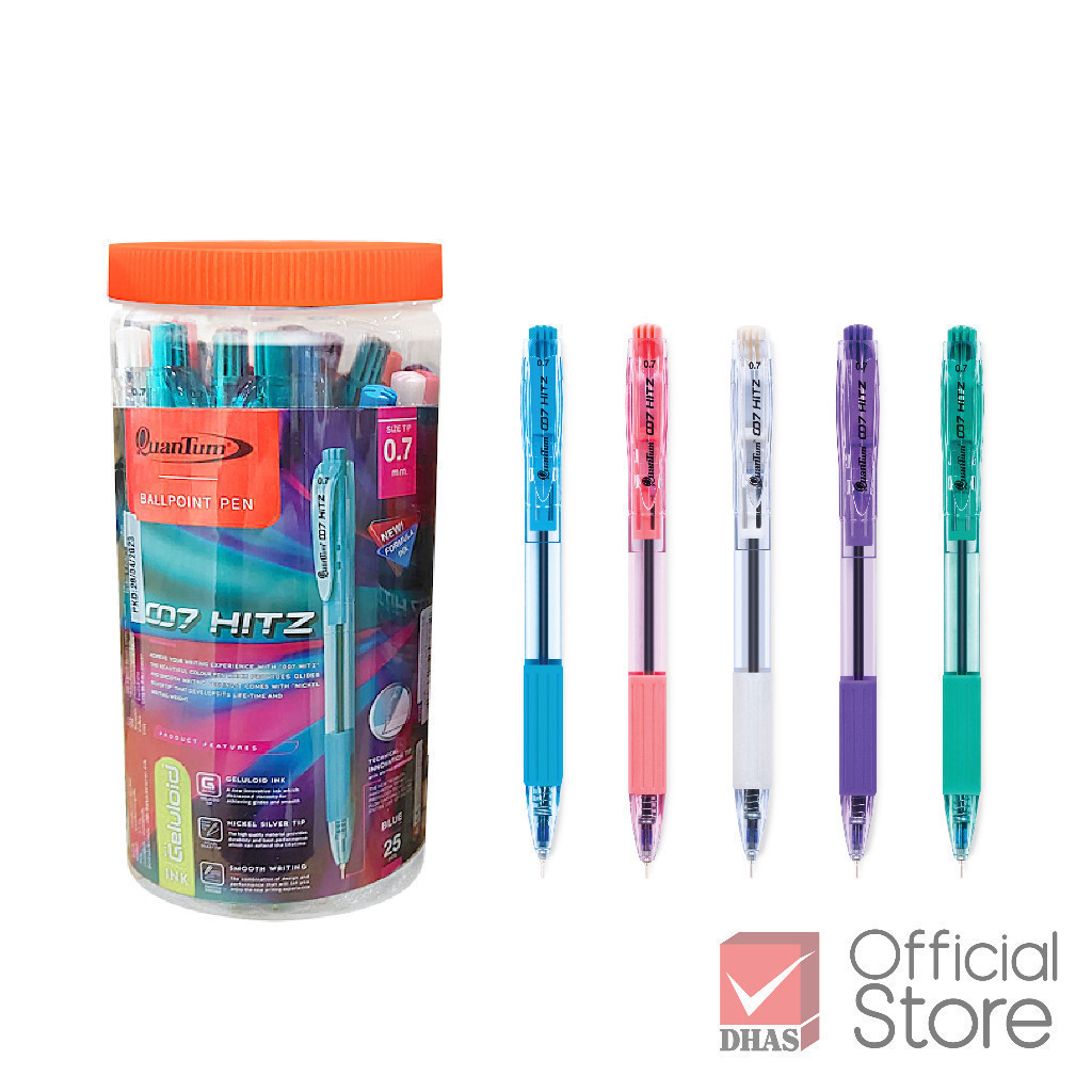 Quantum ปากกาลูกลื่น รุ่น 007 Hitz 0.7 มม. หมึกน้ำเงิน (Low Viscosity) - กระปุก 25 ด้าม