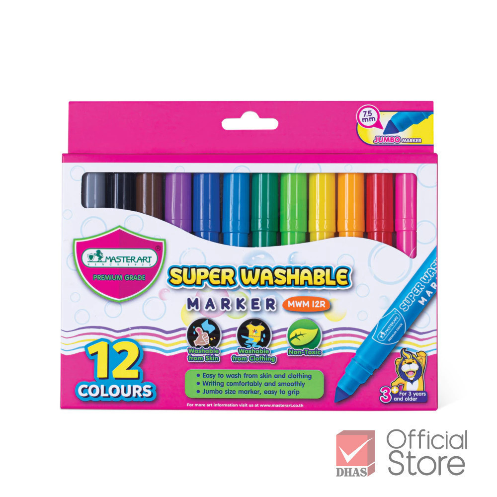 Master Art สีเมจิก ปากกาเมจิก ชนิดล้างออกได้ รุ่น MWM 12R แบบหัวเดียว 12 สี สีเสริมพัฒนาการเด็กวัย 3 ขวบขึ้นไป