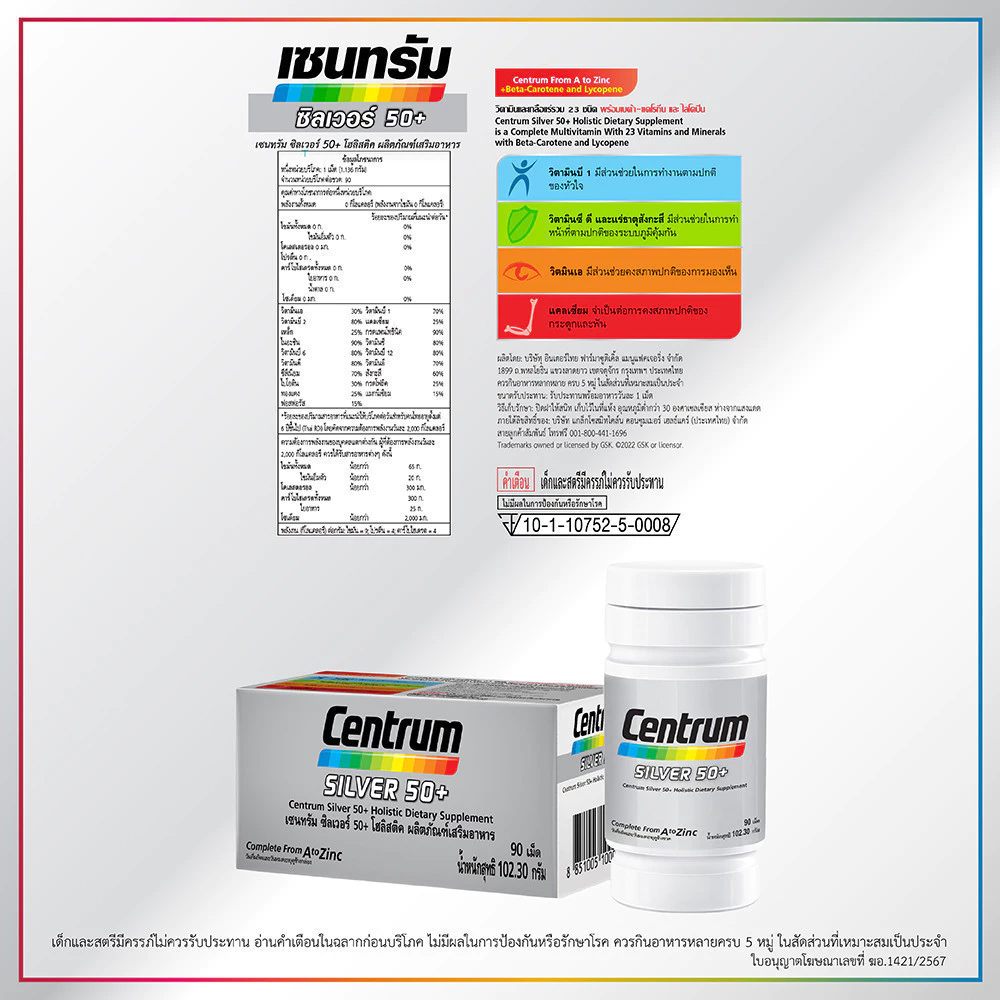 [ส่งฟรี] CENTRUM SILVER 50+ HOLISTIC 90เม็ด เซนทรัมซิลเวอร์ 50+ โฮลิสติค ผลิตภัณฑ์เสริมอาหารวิตามินรวมสำหรับอายุ50+ thumbnail 5