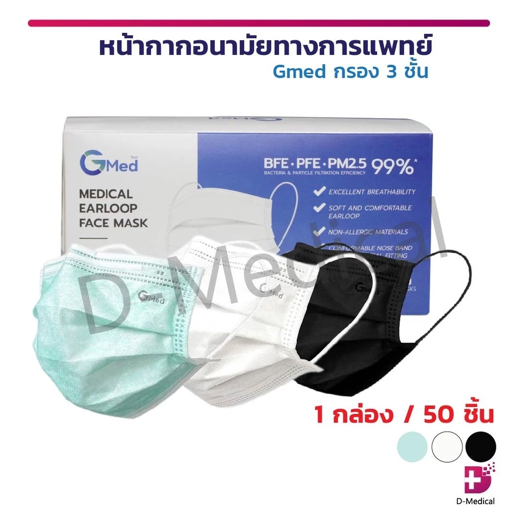 หน้ากากอนามัยทางการแพทย์ 3 ชั้น Gmed Mask บรรจุ 50 ชิ้นต่อกล่อง มาตรฐาน ASTM F2100