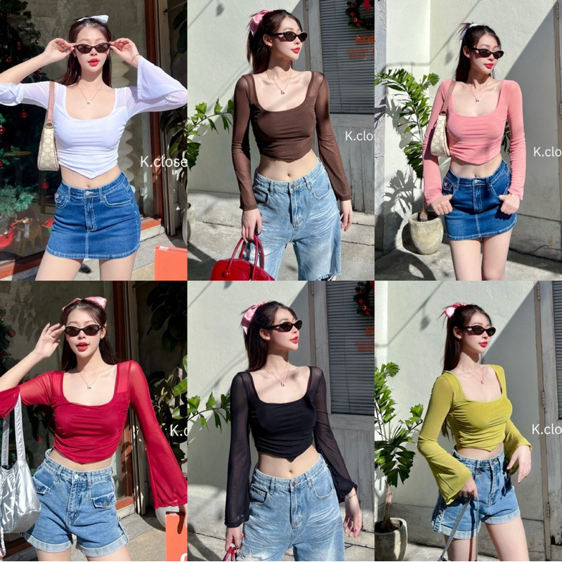 เสื้อคอรอปชายแหลม แขนกระดิ่งผ้าซีทรู ทรงเข้ารูปสวยแซ่ป🔥