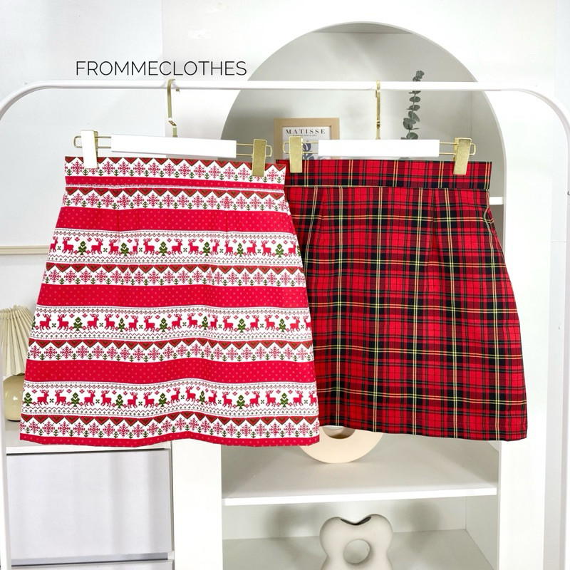 🎄frommeกระโปรงทรงเอลายคริสต์มาส สก็อตแดง(XS-5XL)