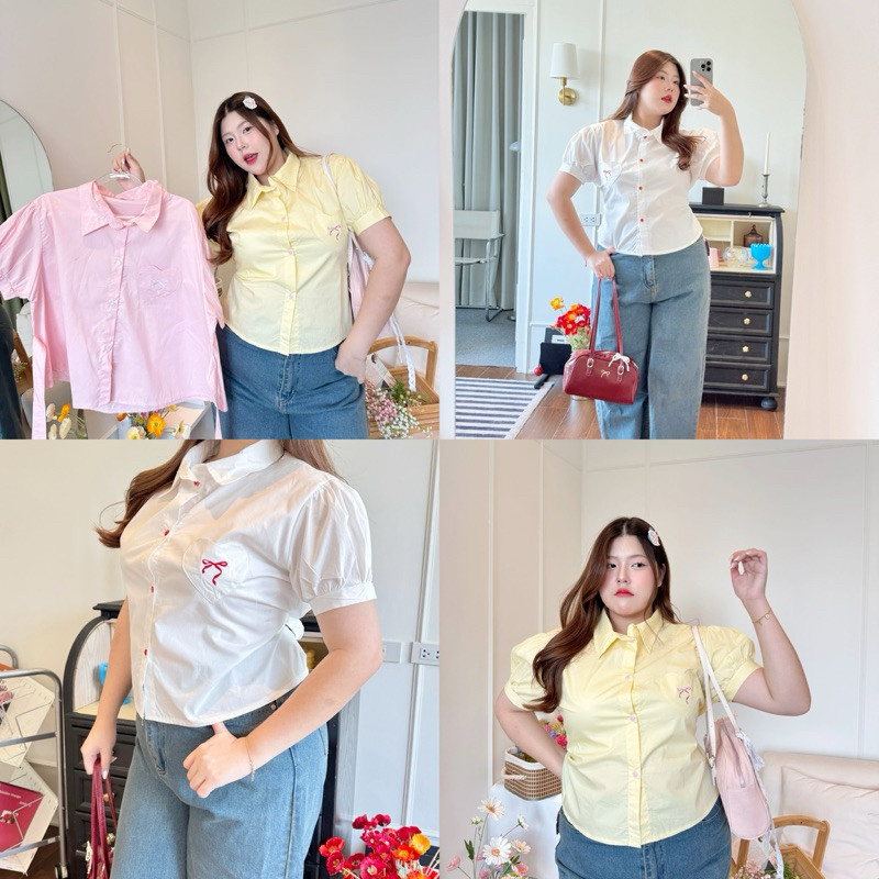 Emma bow shirt top🎀✨”เสื้อเชิ้ตปักโบว์ผูกกระเป๋าหัวใจที่สาวออวบไม่มีไม่ได้!“