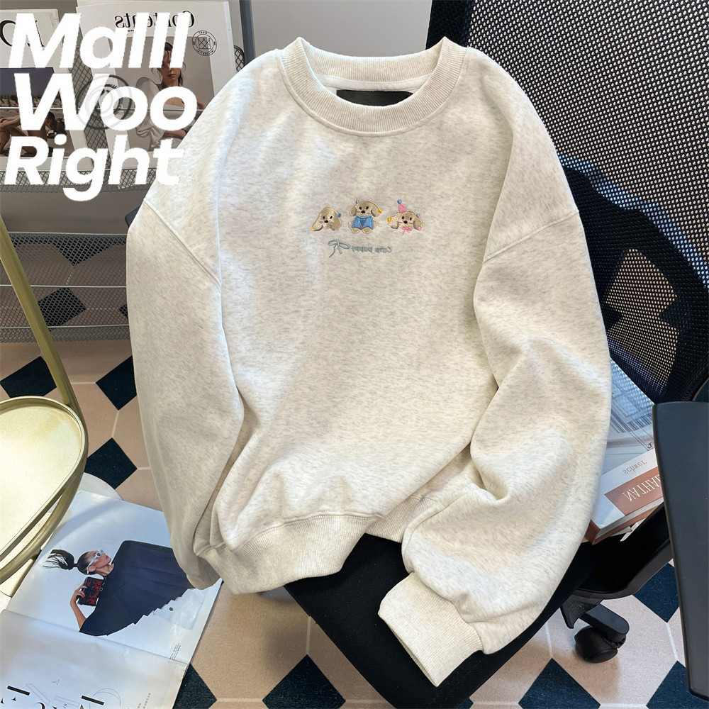 (จัดส่งตลอด 24 ชั่วโมง)Woo Right  หมาเฉพาะกลุ่มเย็บปักถักร้อย Hoodless เสื้อกันหนาวหลวมพอดีวินเทจน่ารักด้านบน