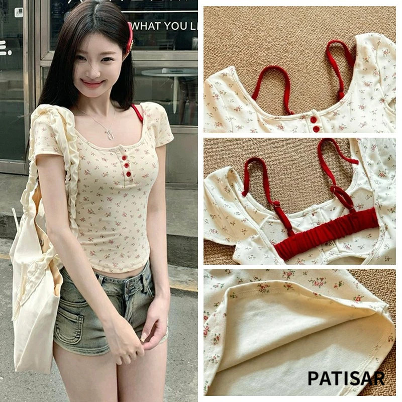 เสื้อครอปแขนสั้น มีฟองน้ำ สีพื้น/ลายดอกไม้ ปรับสายได้ ผ้ายืดใส่สบาย PR - รูปที่ 5