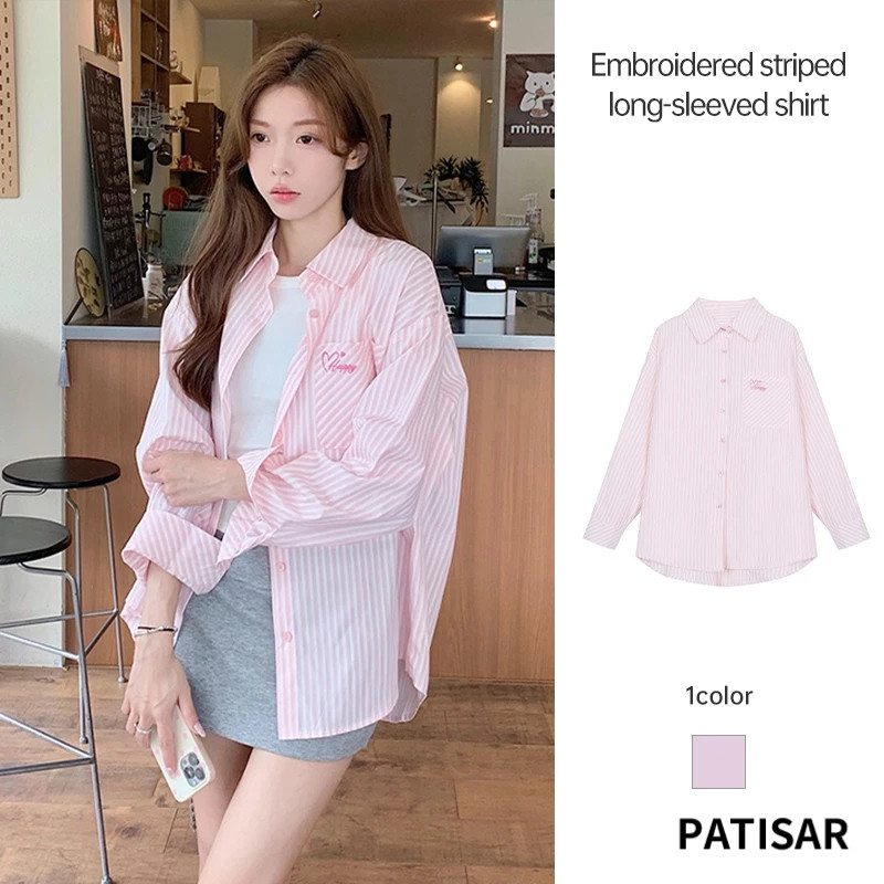 เสื้อเชิ้ตปกโปโลแขนยาวลายทางผู้หญิง เสื้อป้องกันแสงแดดบาง แฟชั่นสไตล์เกาหลี ดูดีกับเสื้อกั๊กหรือชุดเดรส PR