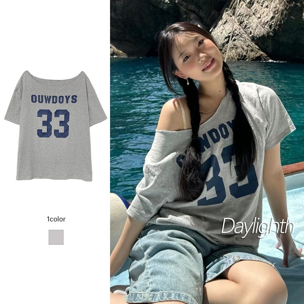 จัดส่ง 24 ชม เสื้อปาดไหล่ แขนสั้นสีเทา เสือใส่สบาย Oversize sexy lady เสื้อโชว์ไหล่ เหมาะสำหรับ ฤดูร้อน มี DL