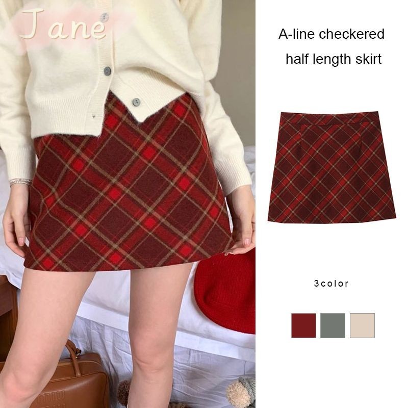 Retro Check กระโปรงเอวสูงสาวร้อนกระโปรงสั้นเซ็กซี่ A-Line สะโพกห่อกระโปรง JN