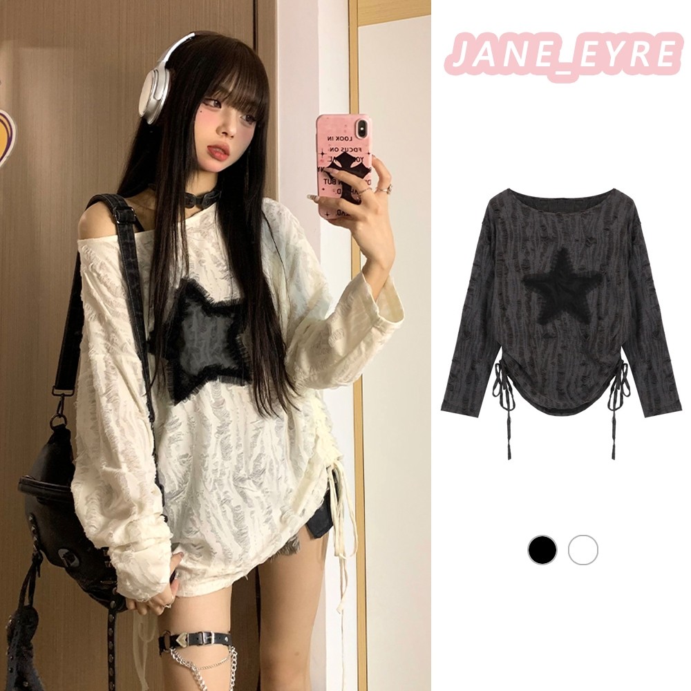 Drawstring เสื้อยืดแขนยาวหลวมสาวร้อนเสื้อยืดปิดไหล่ Hollow-out อินเทรนด์ยอดนิยม JN