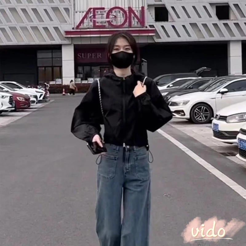 เสื้อแจ็คเก็ตป้องกันแสงแดดหลวมสั้นผู้หญิงเสื้อบางฤดูร้อนเสื้อแจ็คเก็ตคลุมด้วยผ้าอเนกประสงค์ VIDO