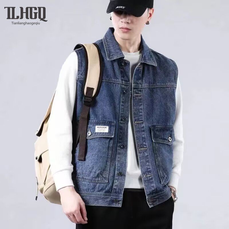 TLHGQ เสื้อกั๊กยีนส์ผู้ชายฤดูใบไม้ผลิและฤดูใบไม้ร่วงทุกการแข่งขันเสื้อกั๊กแขนกุดหลวม