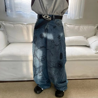 TLHGQ กางเกงยีนขากว้างลําลอง ทรงหลวม ขนาดใหญ่ ลายกราฟฟิติ แน…