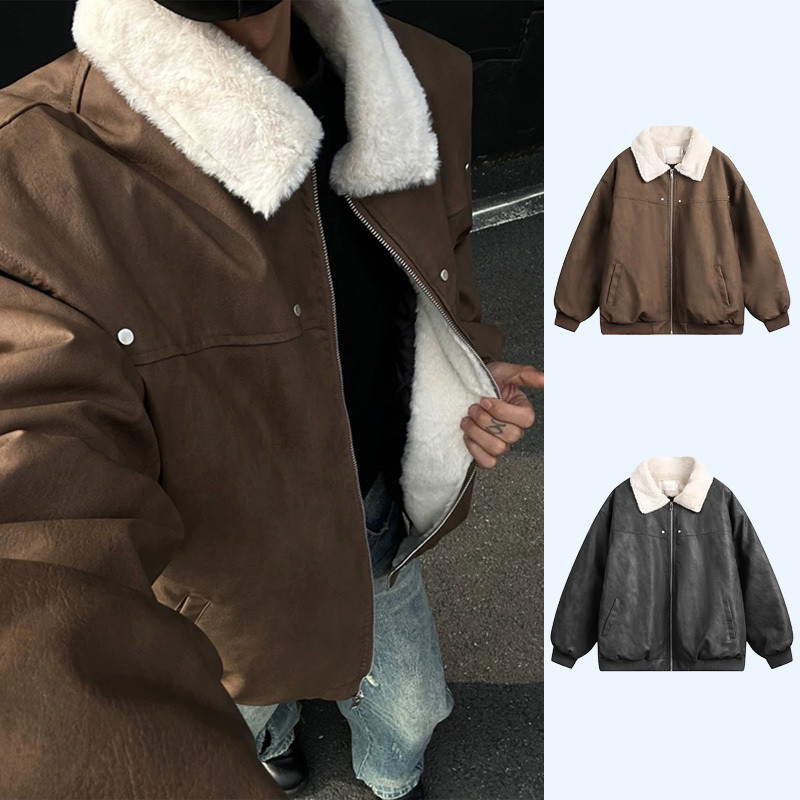 เสื้อผ้าฝ้ายผู้ชายฤดูหนาวสไตล์ญี่ปุ่น Retro Lambswool ปกหนังผ้าฝ้ายเสื้อแจ็คเก็ตอบอุ่น