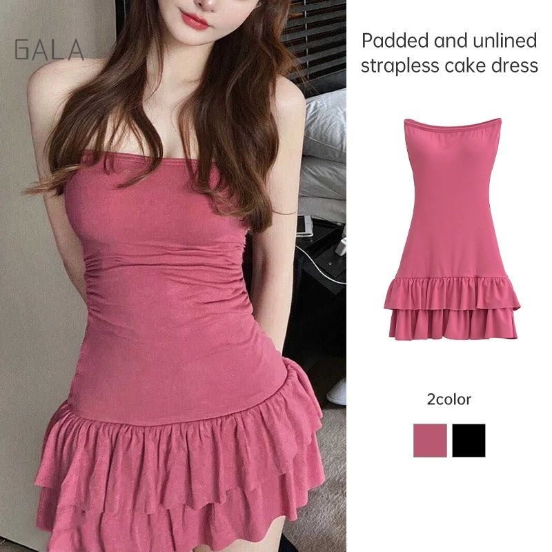 Niche Strapless Dress สุภาพสตรีฤดูร้อนสไตล์ร้อนกระโปรงสั้นเซ็กซี่ฮิปปี้กระเป๋าเค้กกระโปรง