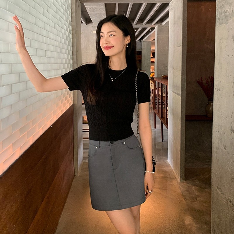 เสื้อถักแขนสั้นย้อนยุคผู้หญิงเสื้อถักบางอเนกประสงค์รอบคอเอวดึงด้านบน GA - รูปที่ 4