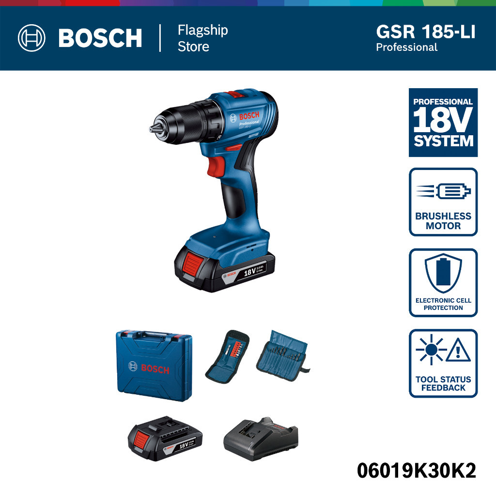 BOSCH สว่านไขควงไร้สาย 4 หุน 18 V Brushless motor อุปกรณ์เสริม 23 ชิ้น รุ่น GSR 185-LI