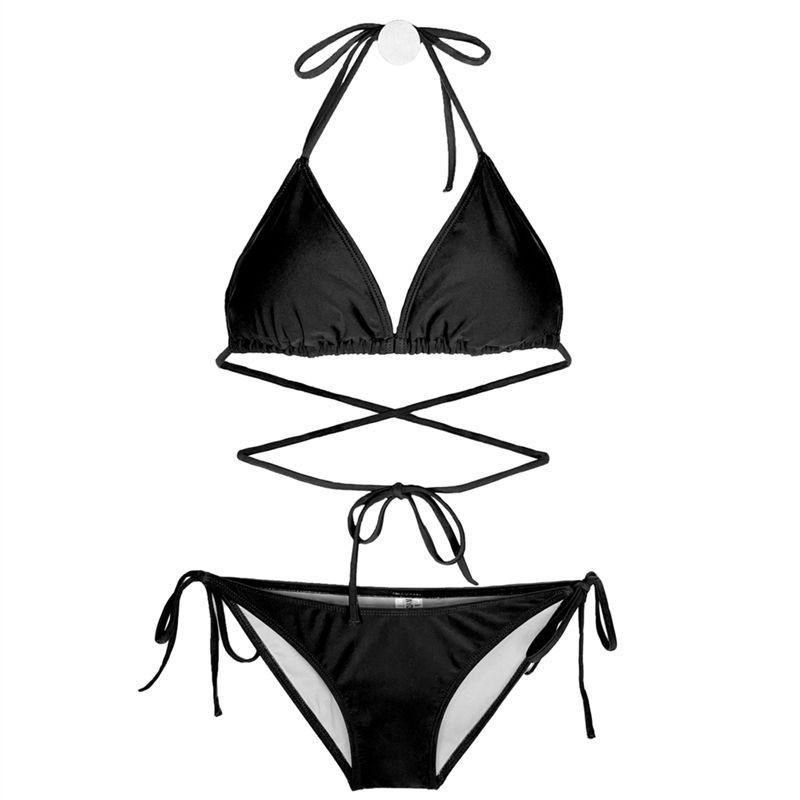 ✥❇♧บิกินี่คล้องคอสีดำสไตล์อินเกาหลีหน้าอกเล็กเซ็กซี่รวบรวมชุดว่ายน้ำแยกสามเหลี่ยมเพรียวบางสำหรับผู้ห