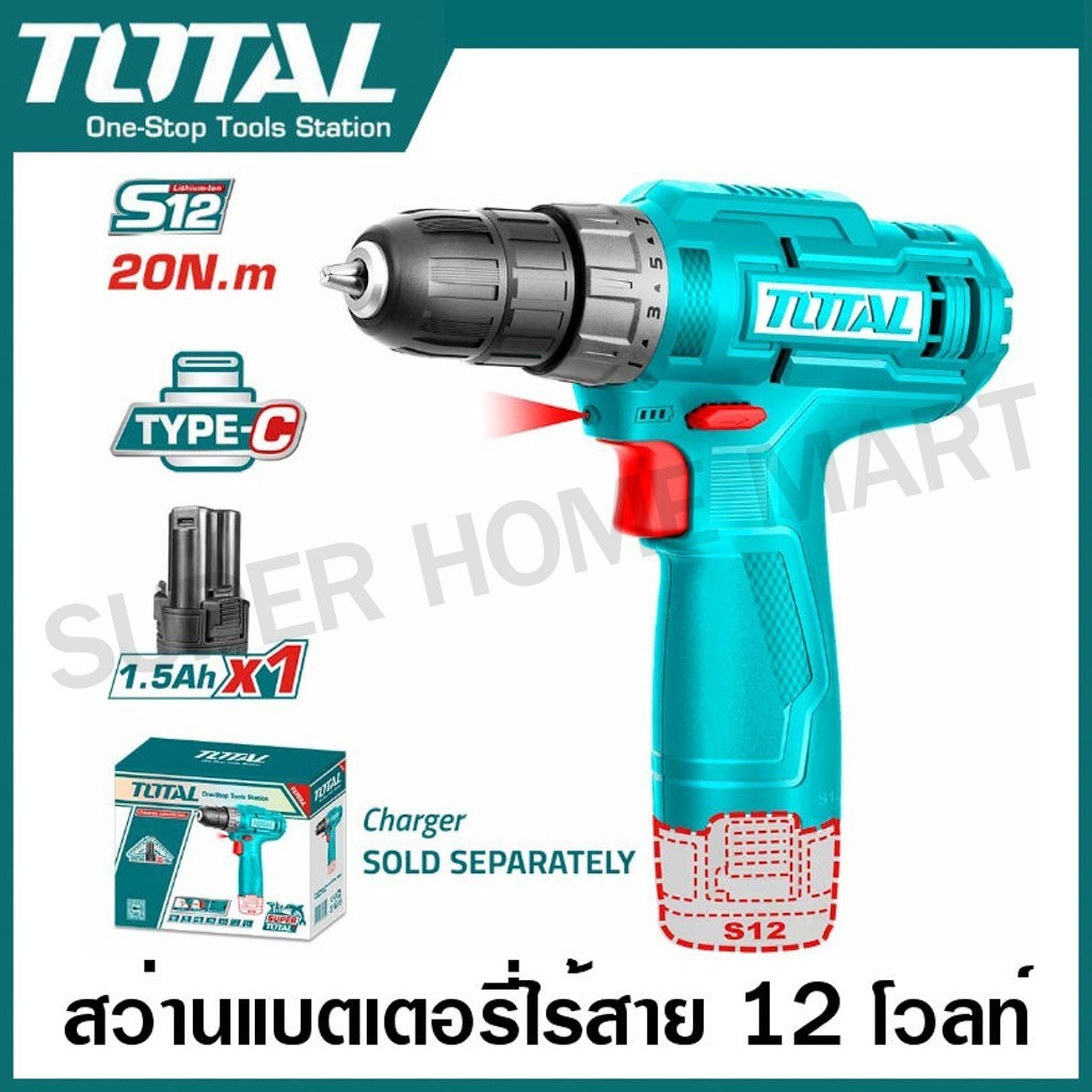Total สว่านแบตเตอรี่ 20 N.m ไร้สาย 12 โวลท์ รุ่น TDLI12428 / TDLI12456 ( Cordless Drill ) สว่านไร้สาย