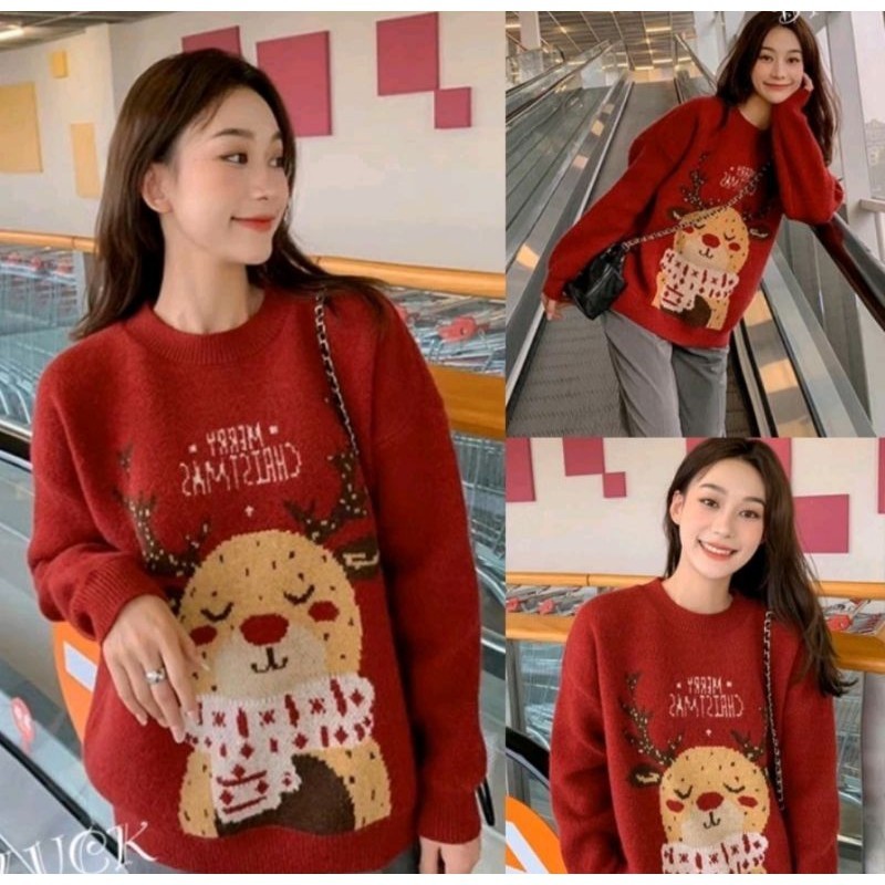 พร้อมส่ง เสื้อสเวตเตอร์ไหมพรมแขนยาวทอลายคริสต์มาสน่ารักมากๆไหมพรมเนื้อนุ่มงามสวยงานป้าย y.p.y