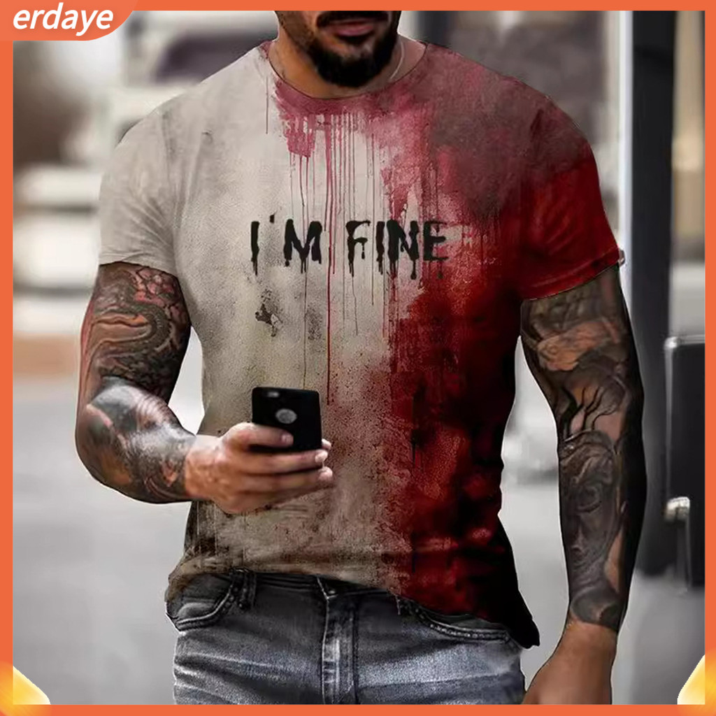 Edy- คอสเพลย์กิจกรรมเครื่องแต่งกาย Ghost Patterned T-shirt Mens Halloween Blood Stain T-shirt Creepy