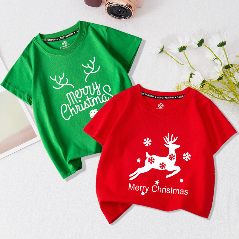 เสื้อผ้าเด็กคริสต์มาส ลายกราฟิกน่ารัก สีแดง XMAS christmas t shirt ผ้า cotton 100% ยับยาก คอกลมสีพื้น