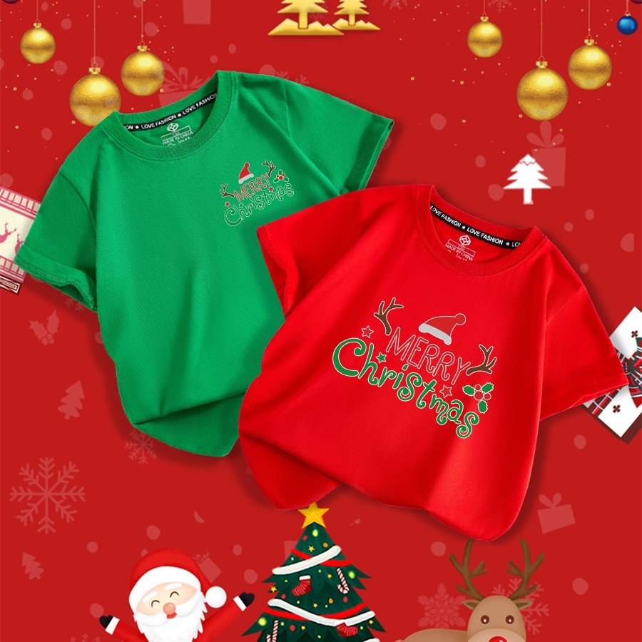 ชุดเด็กคริสต์มาส เสื้อซานต้าสีแดง เด็กๆ ใส่แล้วดูเท่ christmas t shirt ผ้าคอตตอน ไม่หด printed tshirt