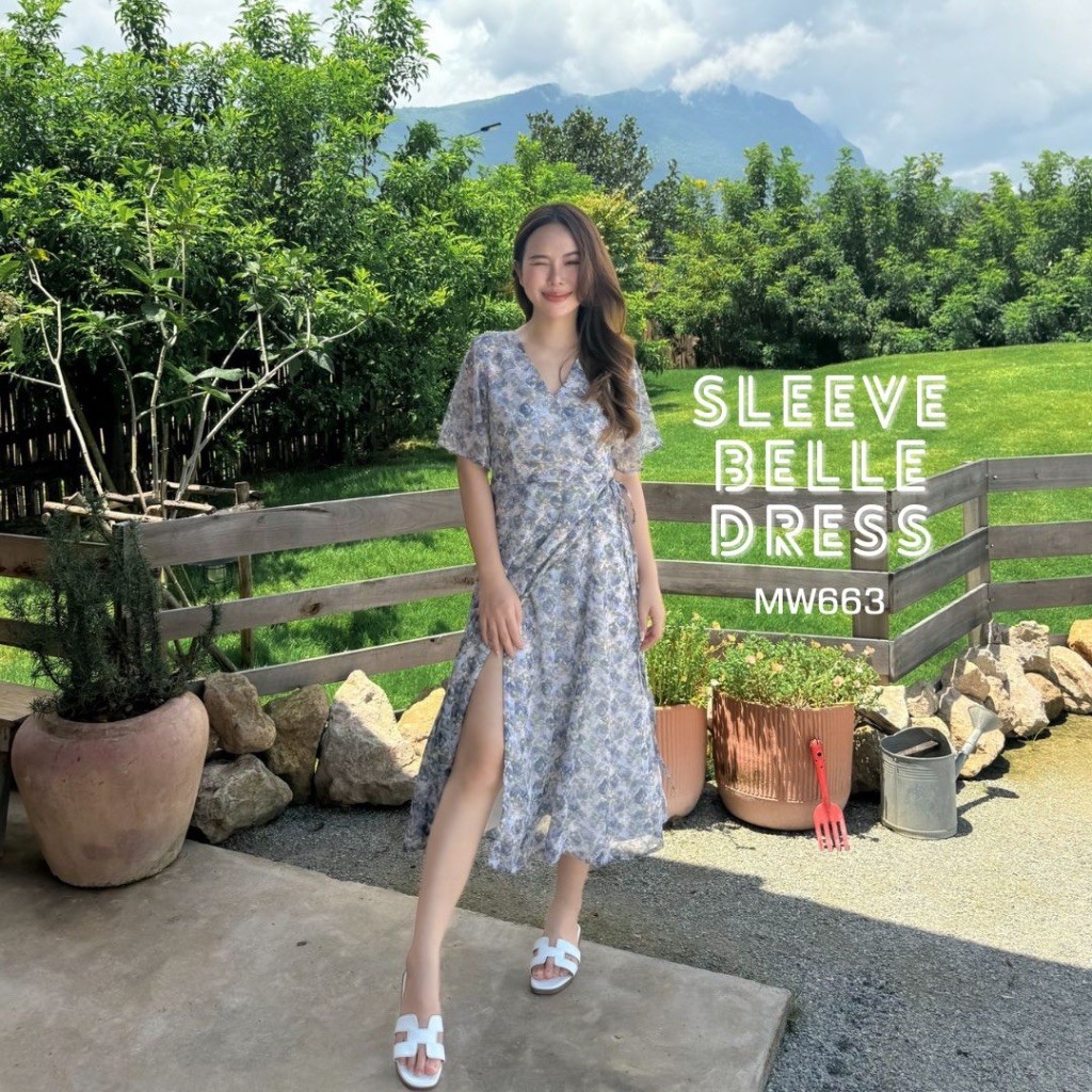 MyWay Brand : Dress - Sleeve Belle เดรสทรงป้าย ชุดลายดอกไม้