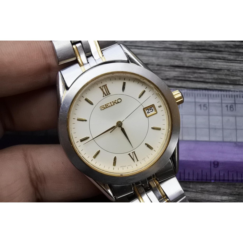 นาฬิกา Vintage มือสองญี่ปุ่น Seiko 7N42 9100 Roman Numeral Dial ผู้ชาย ระบบ Quartz ทรงกลม 40mm ใช้งา