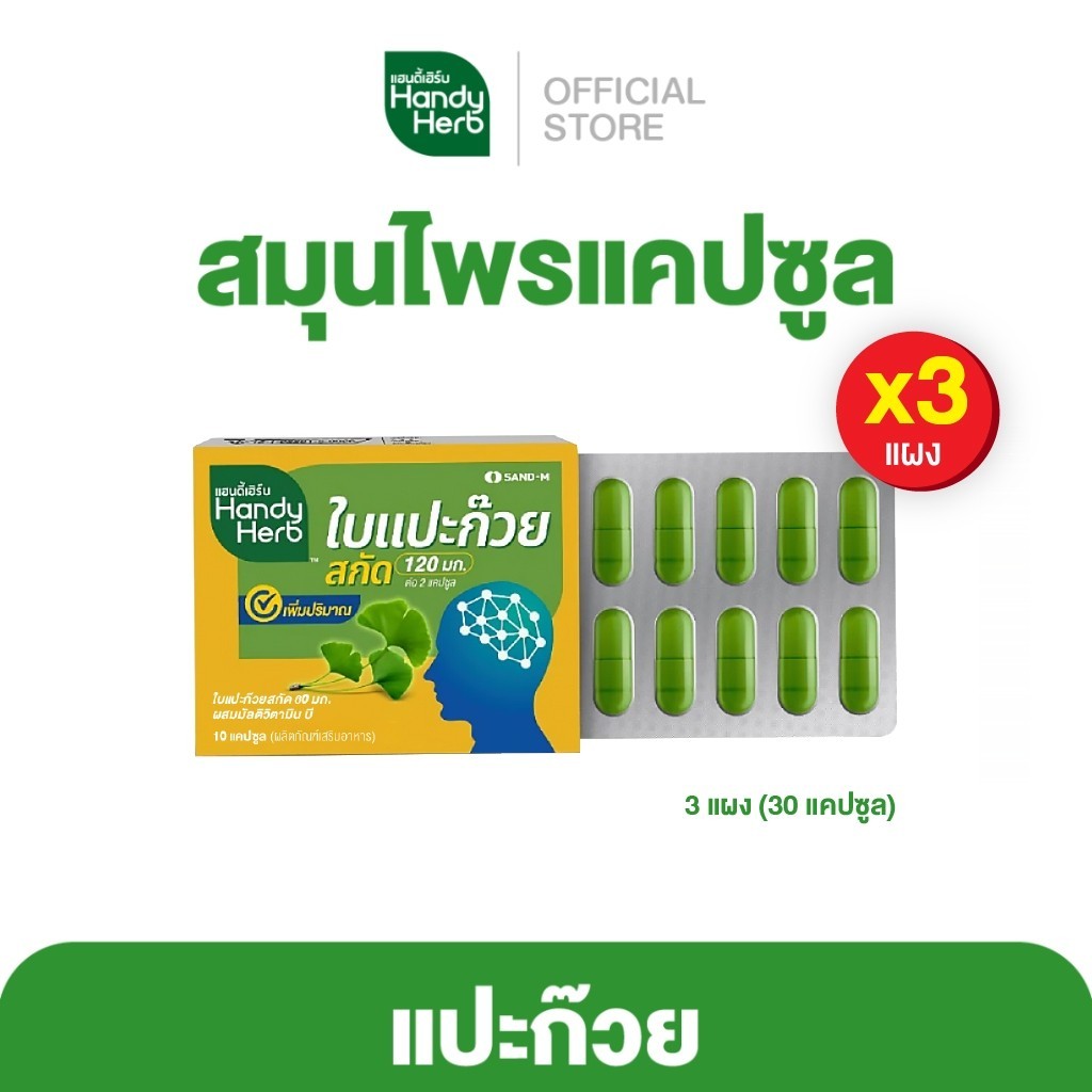 HandyHerb ใบแปะก๊วยสกัด 60 มก. ผสมวิตามินบีรวม สมุนไพรแคปซูล ตัวช่วยคนขี้ลืม ชนิดแผง 3 แผง (30 แคปซูล)